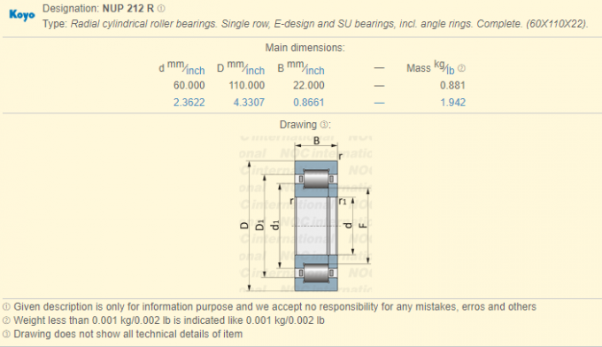 E는 22 mm NUP212R 정지 반지 60 × 110 ×를 가진 원통 모양 롤러 베어링을 디자인합니다 0